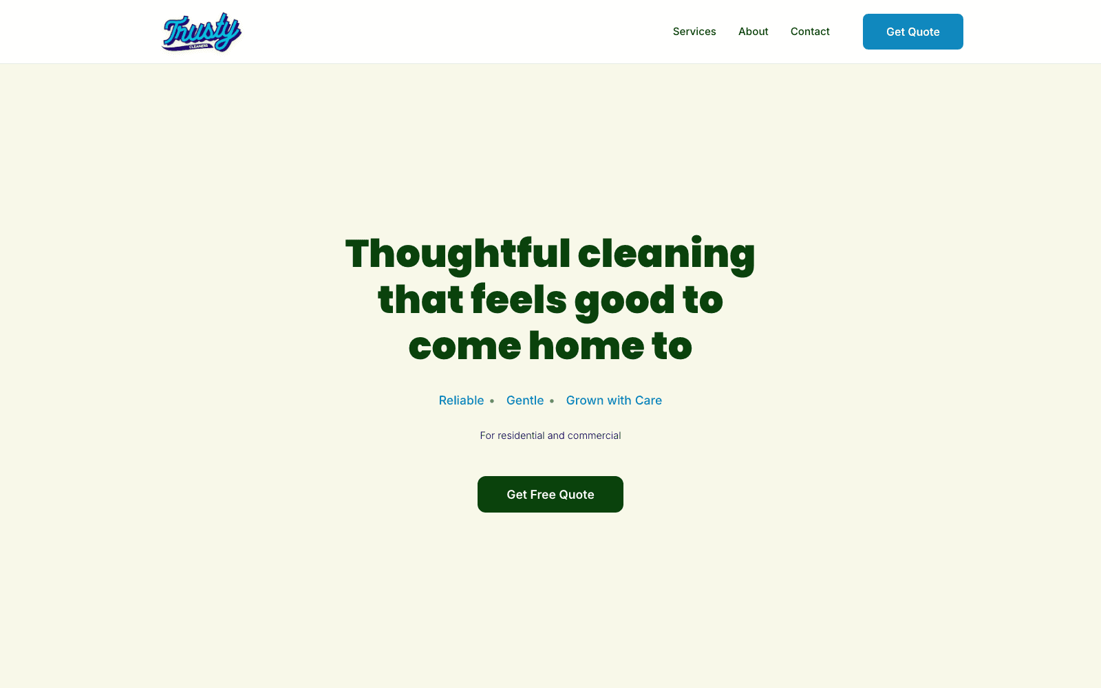 TrustyCo website hero with the headline “Thoughtful cleaning that feels good to come home to”